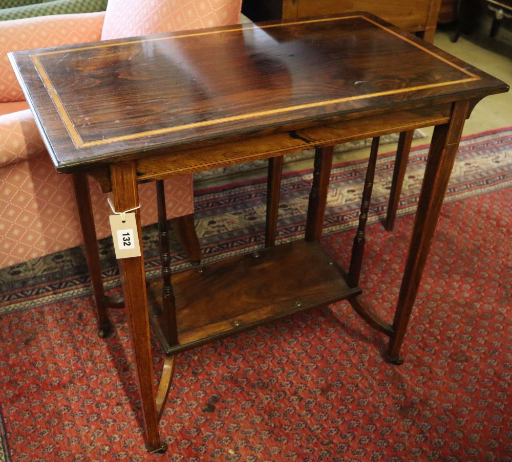 An Edwardian satinwood banded rectangular rosewood occasional table, width 76cm, depth 44cm, height 69cm